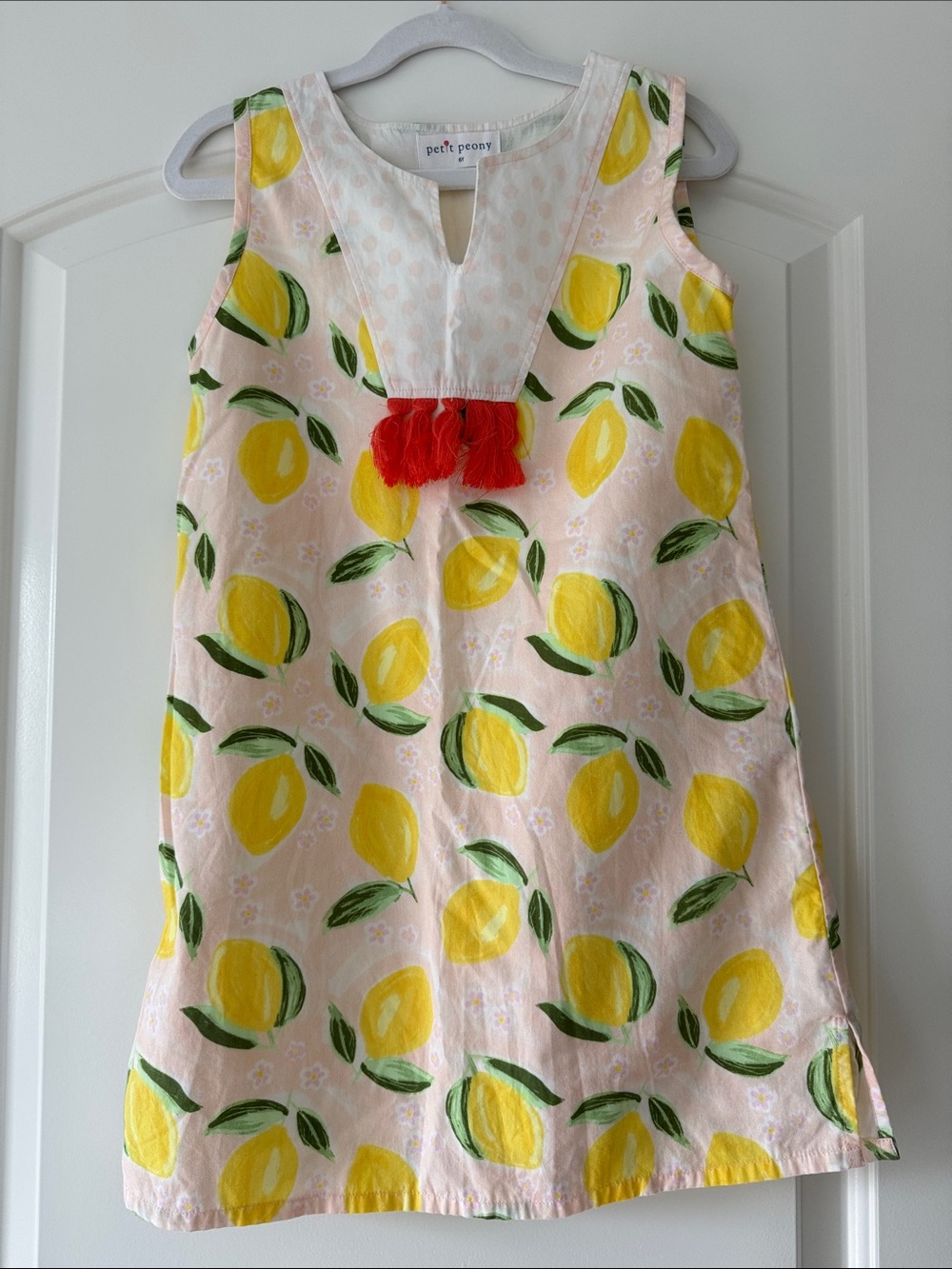 Petite Peony Girls' Pink Lemon Print Casual Dress with Red Tassel